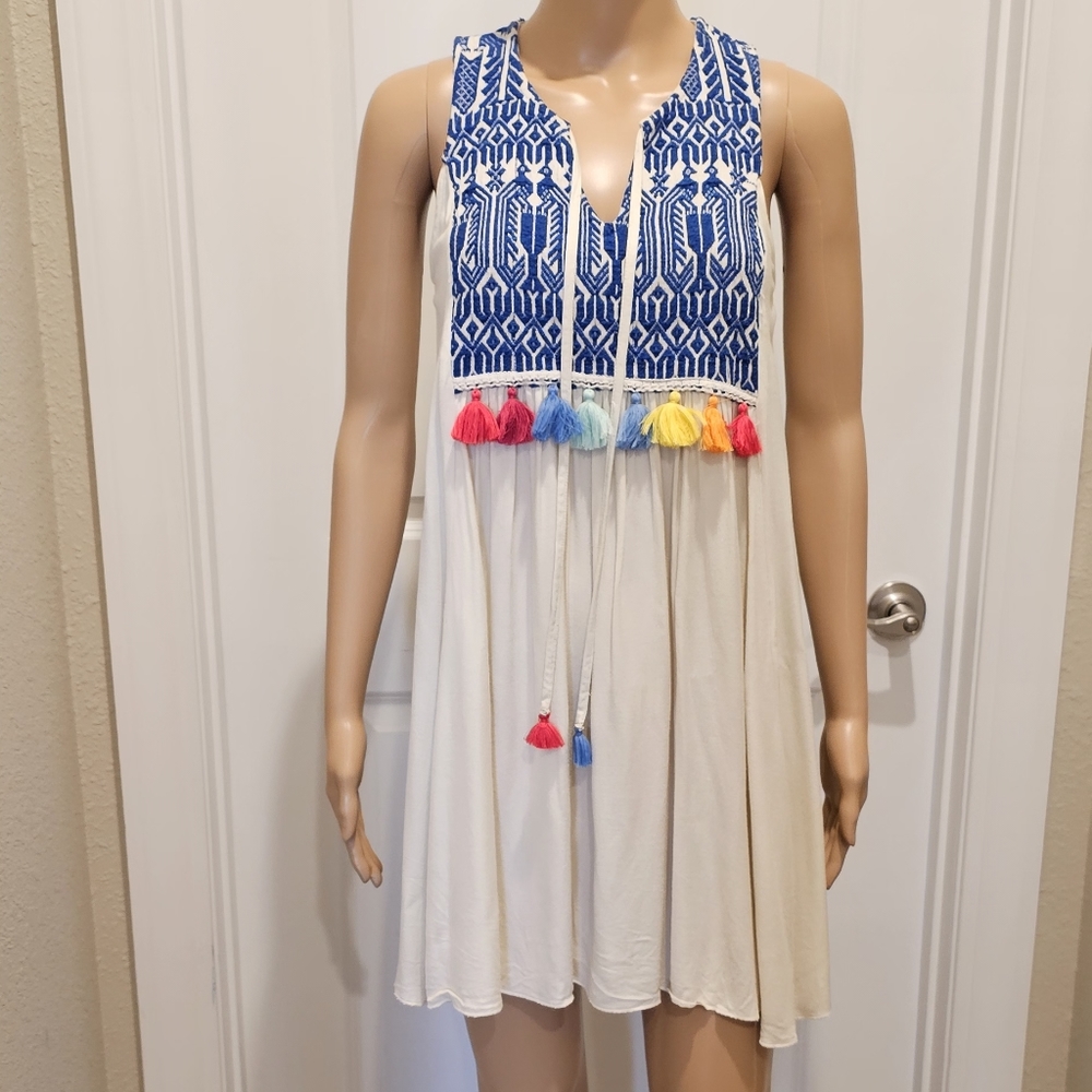 Judith March Dress Womens Small Cream Blue Embroidered Tassel Boho Mini‎ EUC